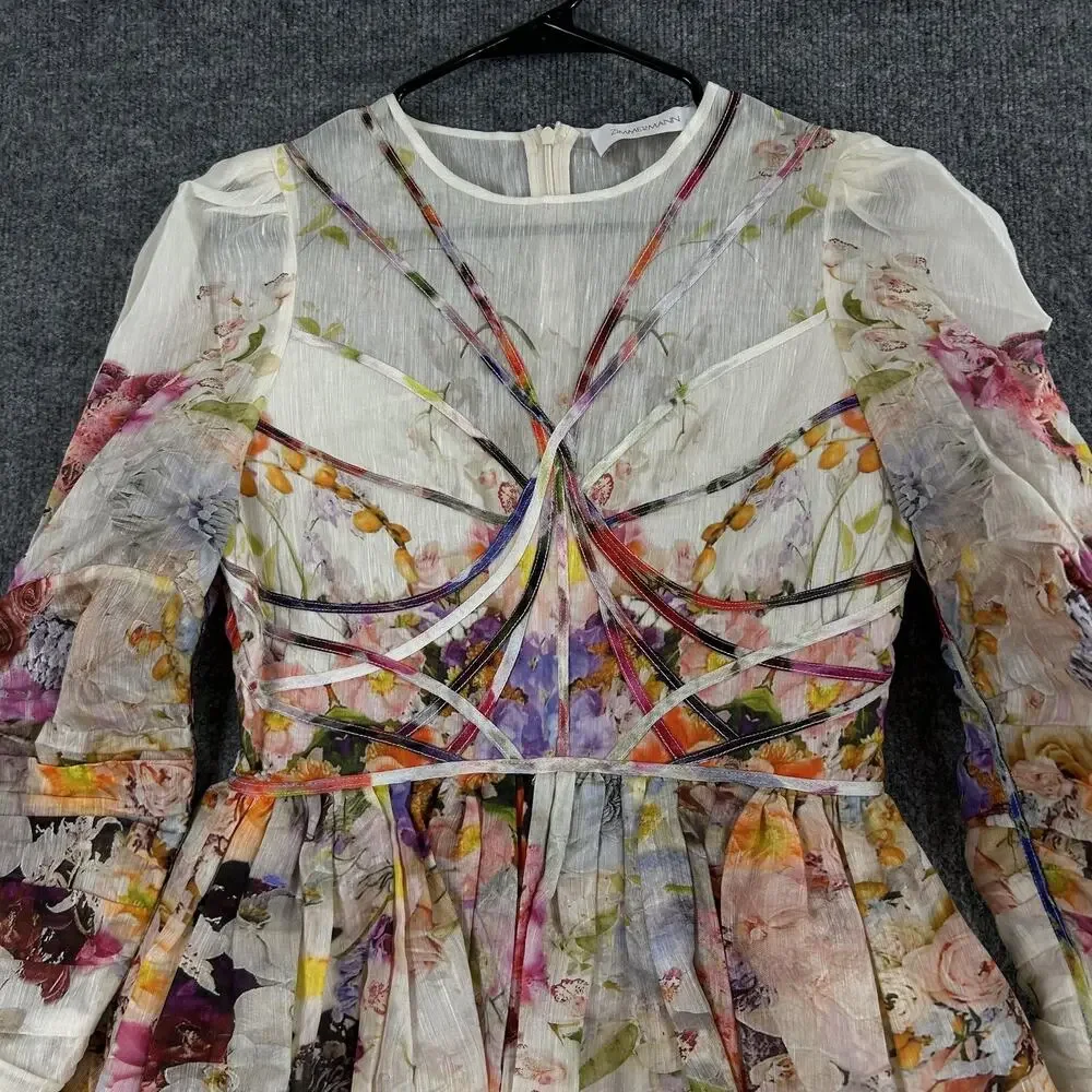 Zimmermann Dress 2 Prima Paneled Floral Silk Linen Organza Mini Romantic Luxury - Picture 9 of 16